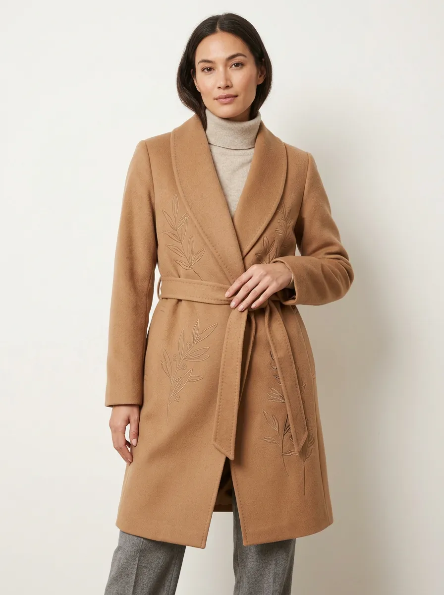 Women's Botanical Leaf Embroidered Wool Coat