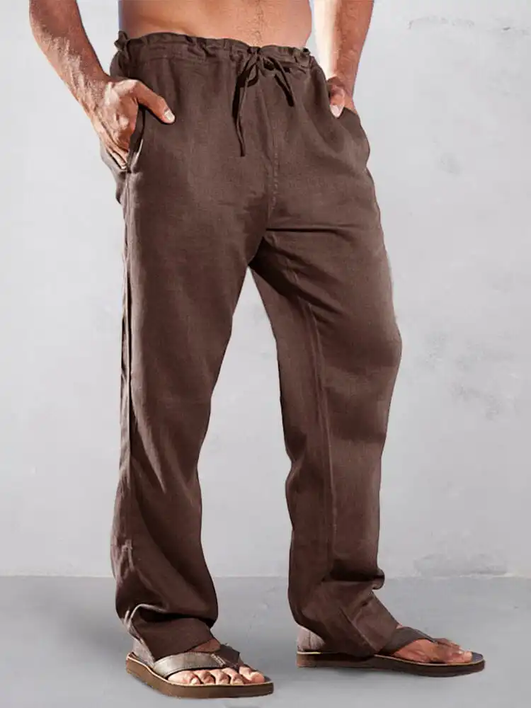 Casual Solid High Waist Cotton Linen Straight Pants