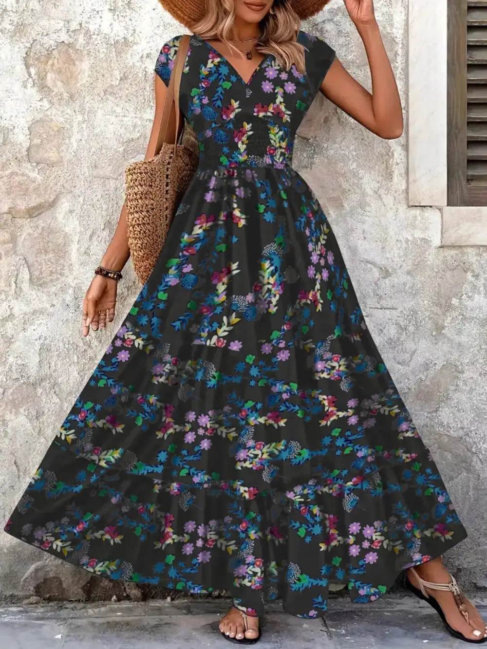 Gathered Detail Floral V Neck Maxi Dress
