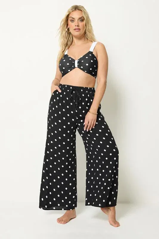 Black Polka Dot Crinkle Beachwear Wide Leg Trousers