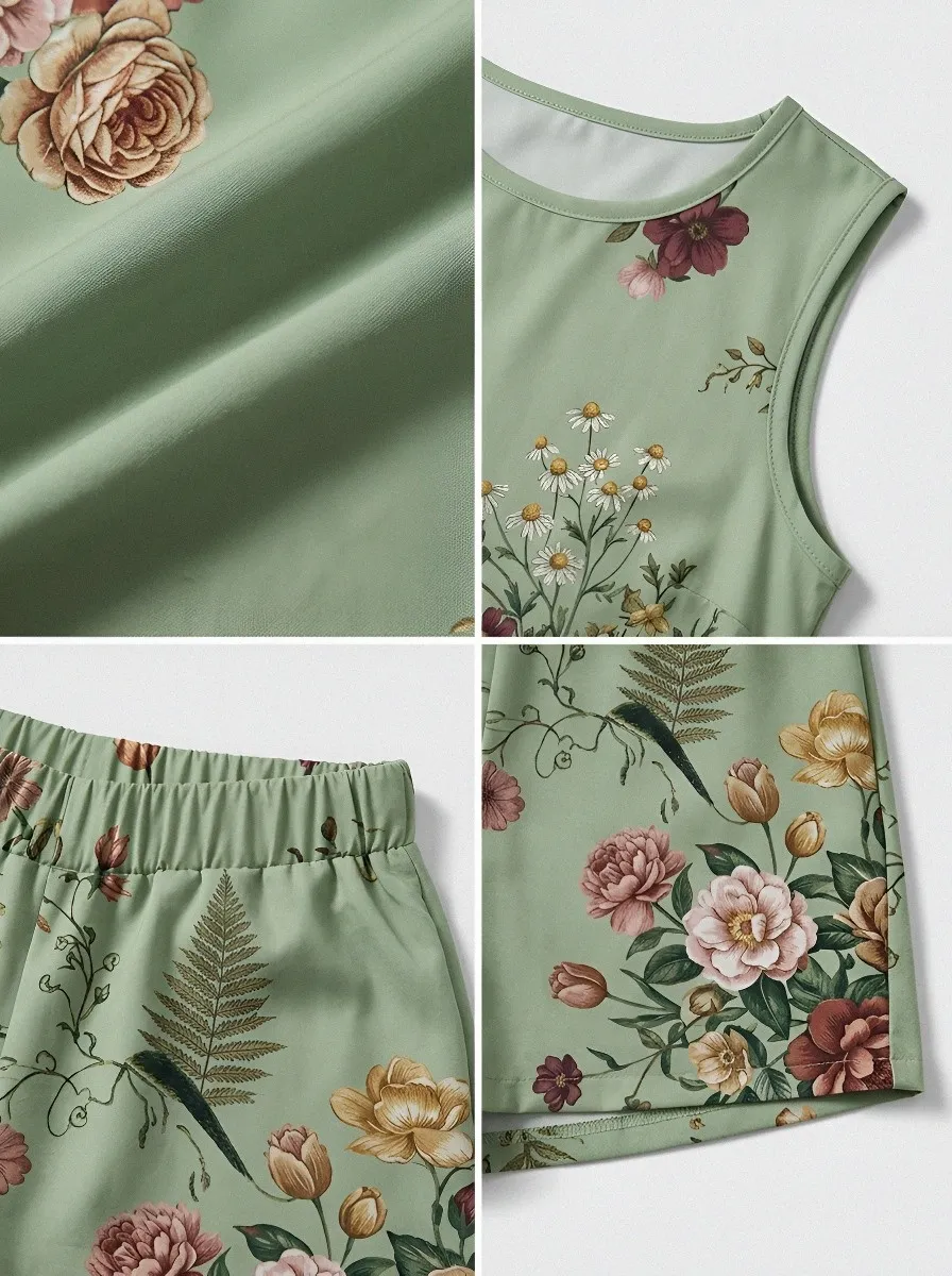 Women's Floral Garden Vintage Rose Printed Sleeveless Short Set