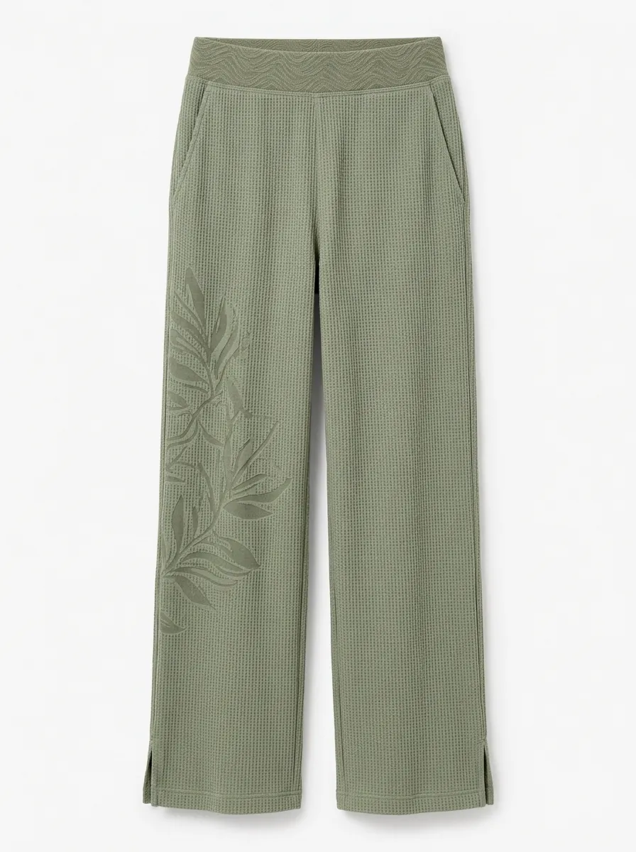 Women's Studio Botanical Nature Lover Leaf Printed Waffle Knit Pants