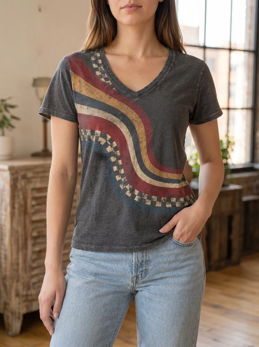 Women's Retro Vintage Style Checkered Stripe Printed V-Neck T-Shirt