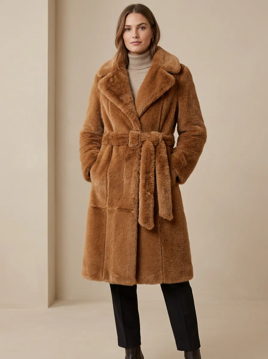 Self Tie Belt Faux Fur Belted Coat