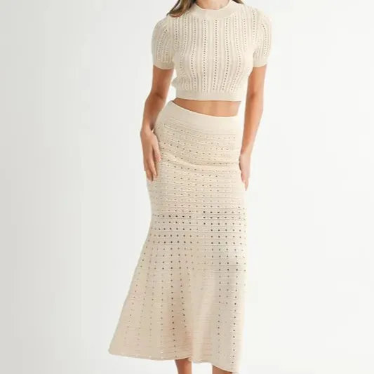 Pointelle Short Sleeve Crop Top and Slit Skirt Sweater Set