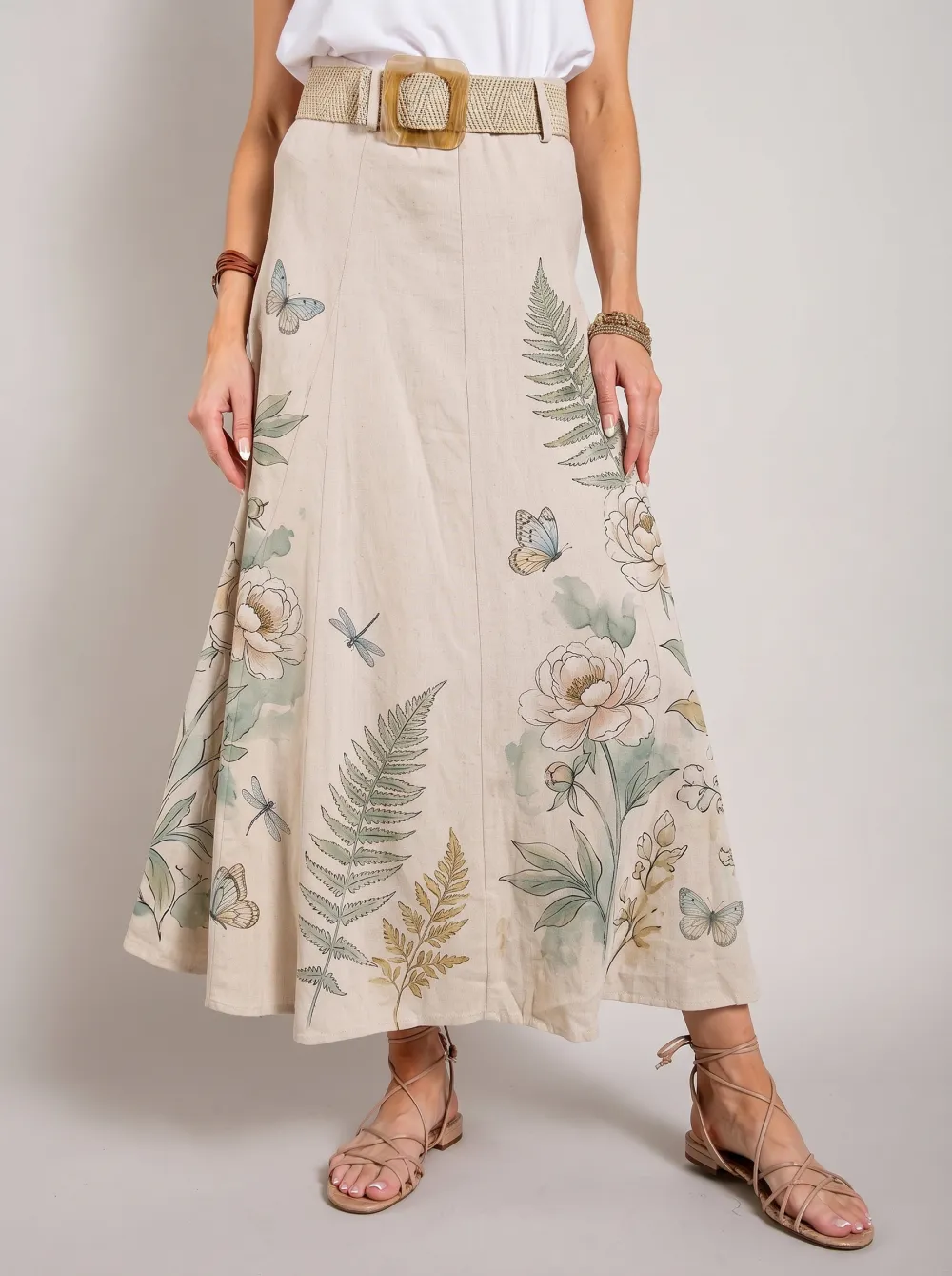 Women's Botanical Nature Lover Butterfly Fern Floral Printed Maxi Skirt