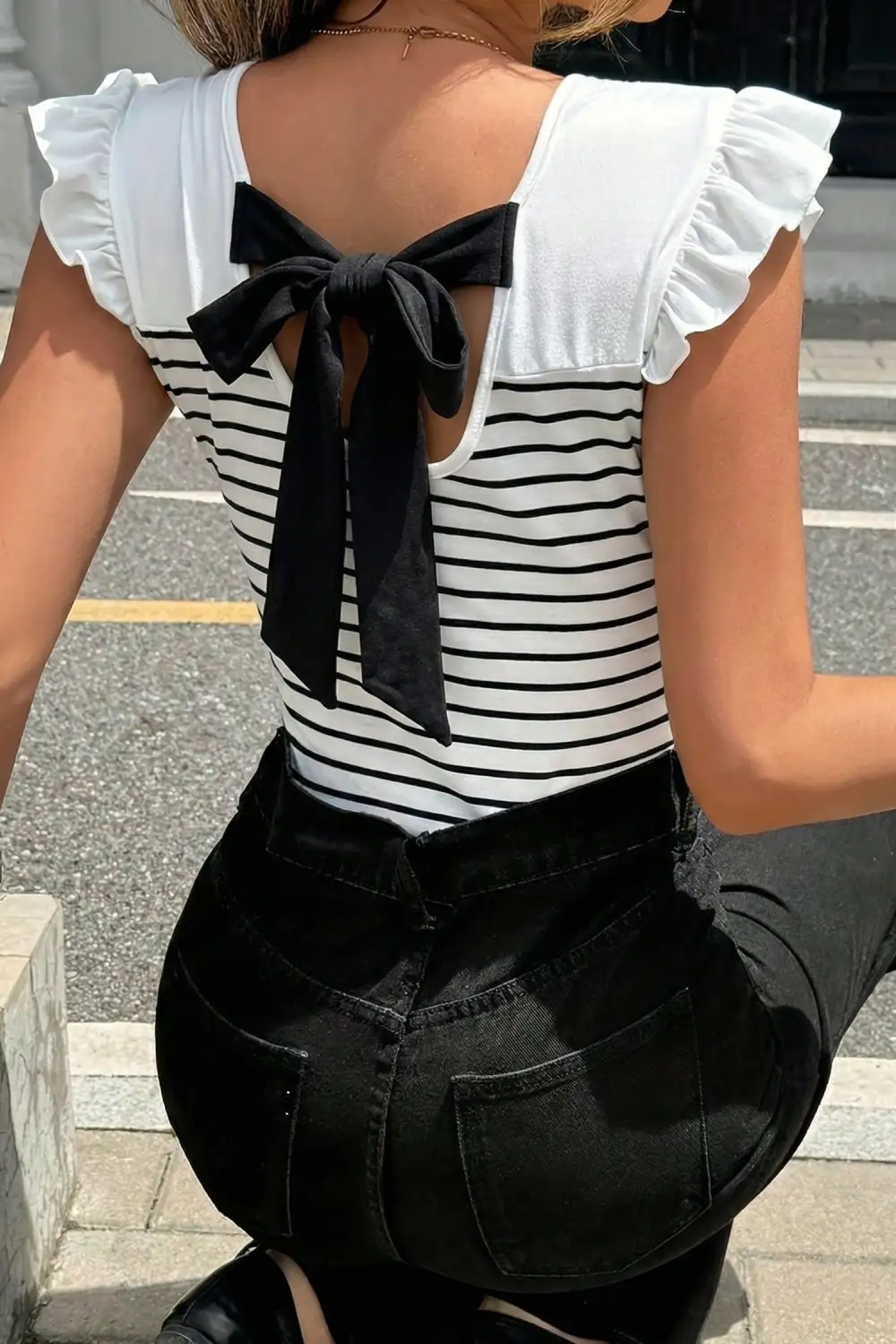 Round-Neck Knot-Back Ruffle-Trim Striped Tank Top