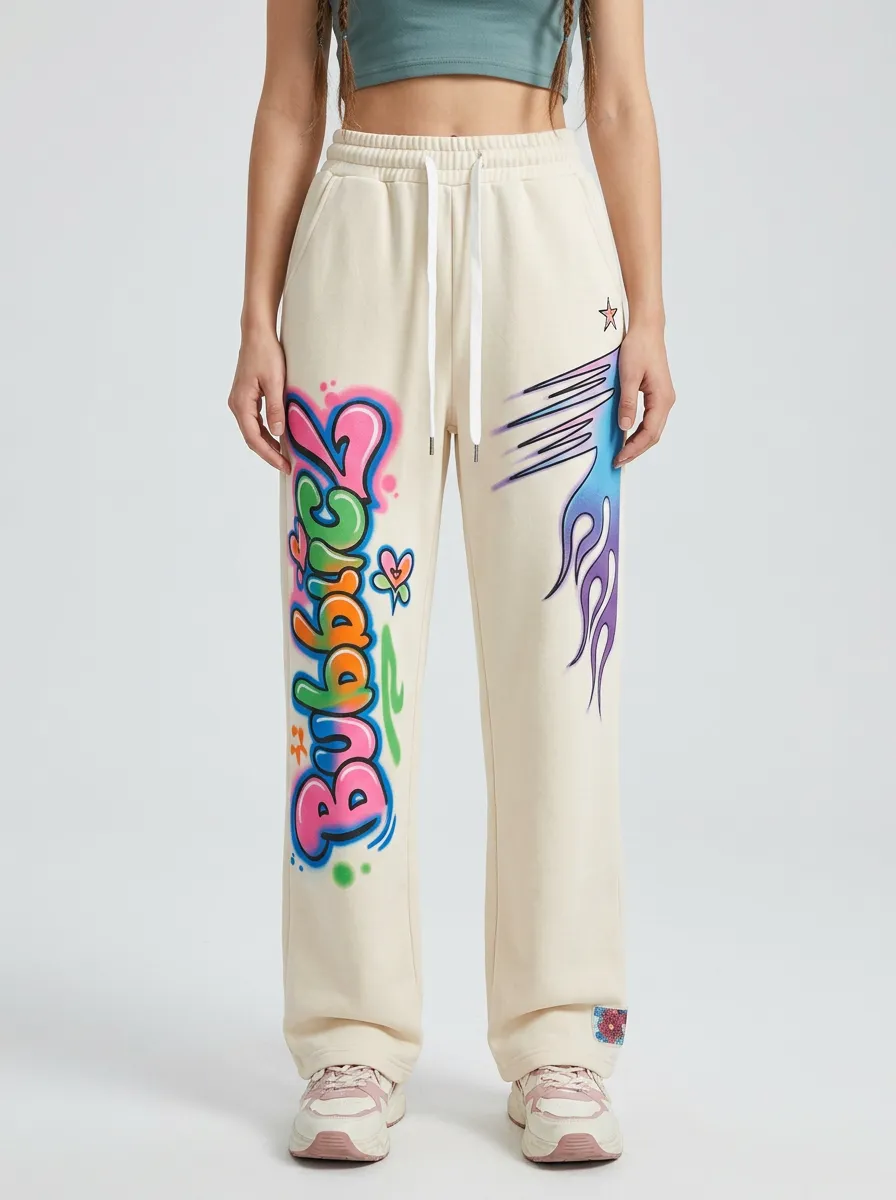Women's Streetwear Graffiti Bubble Letter Flame Printed Sweatpants