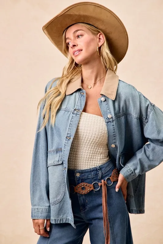 Washed Denim Jacket with Contrast Collar Detail