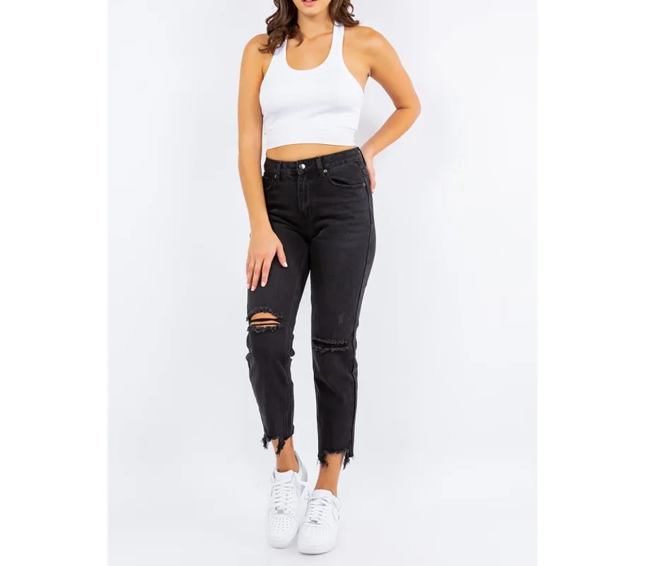 High-Waist Distressed Cropped Straight Jeans