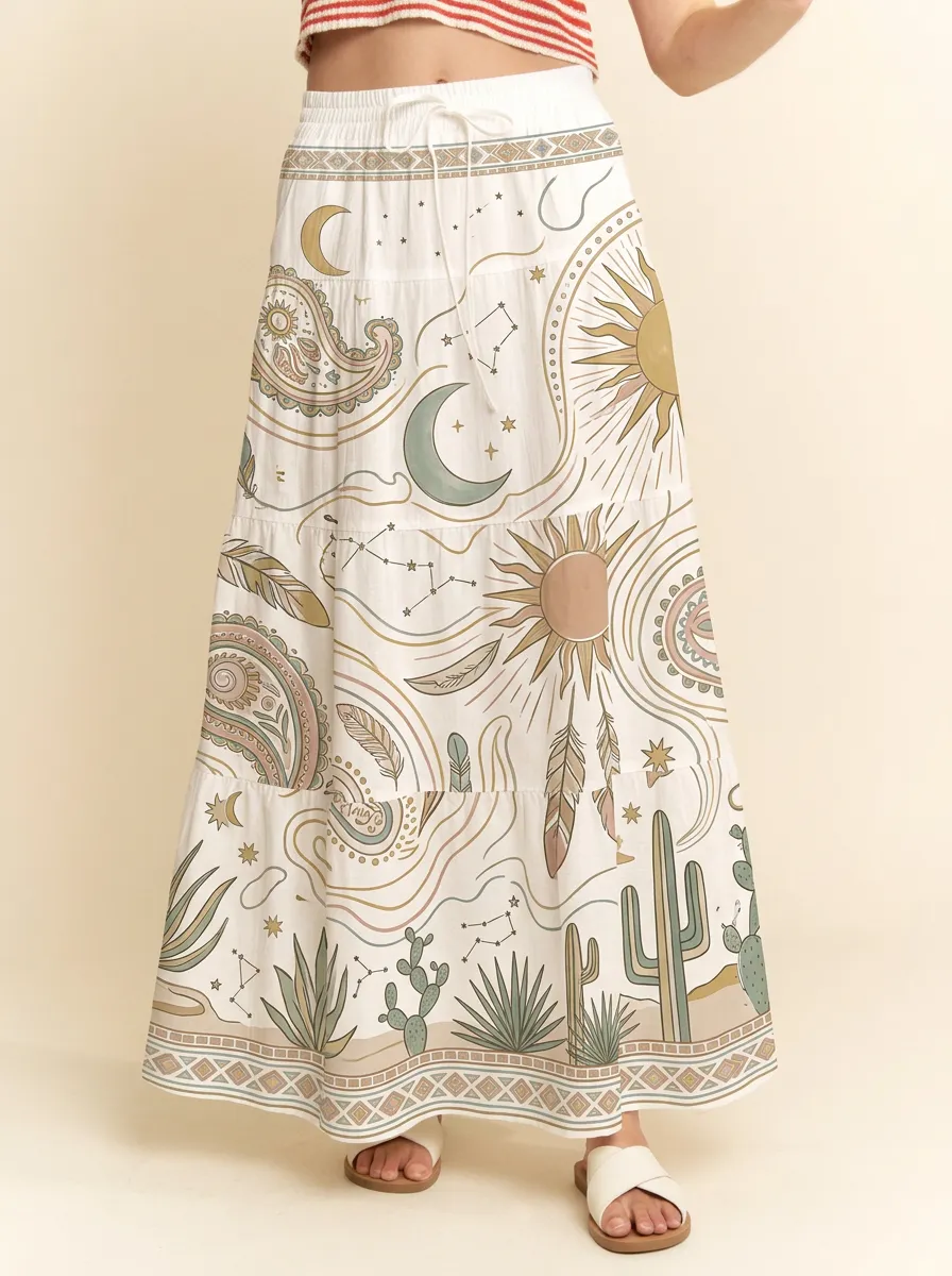 Women's Marin Celestial Boho Cactus Paisley Graphic Maxi Skirt