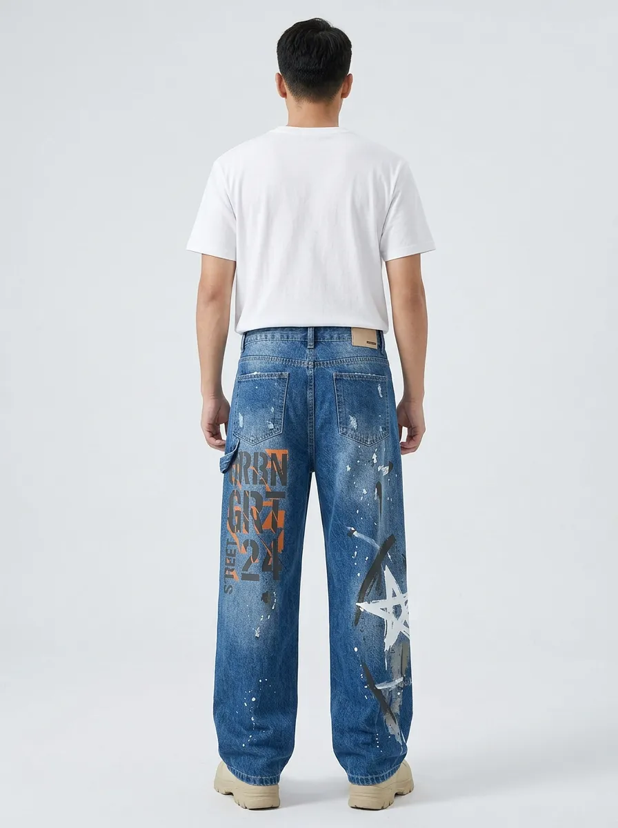 Unisex Downtown-Inspired Streetwear Graffiti Star Jeans