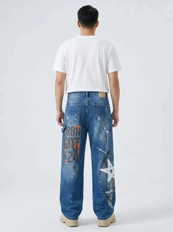Unisex Downtown-Inspired Streetwear Graffiti Star Jeans