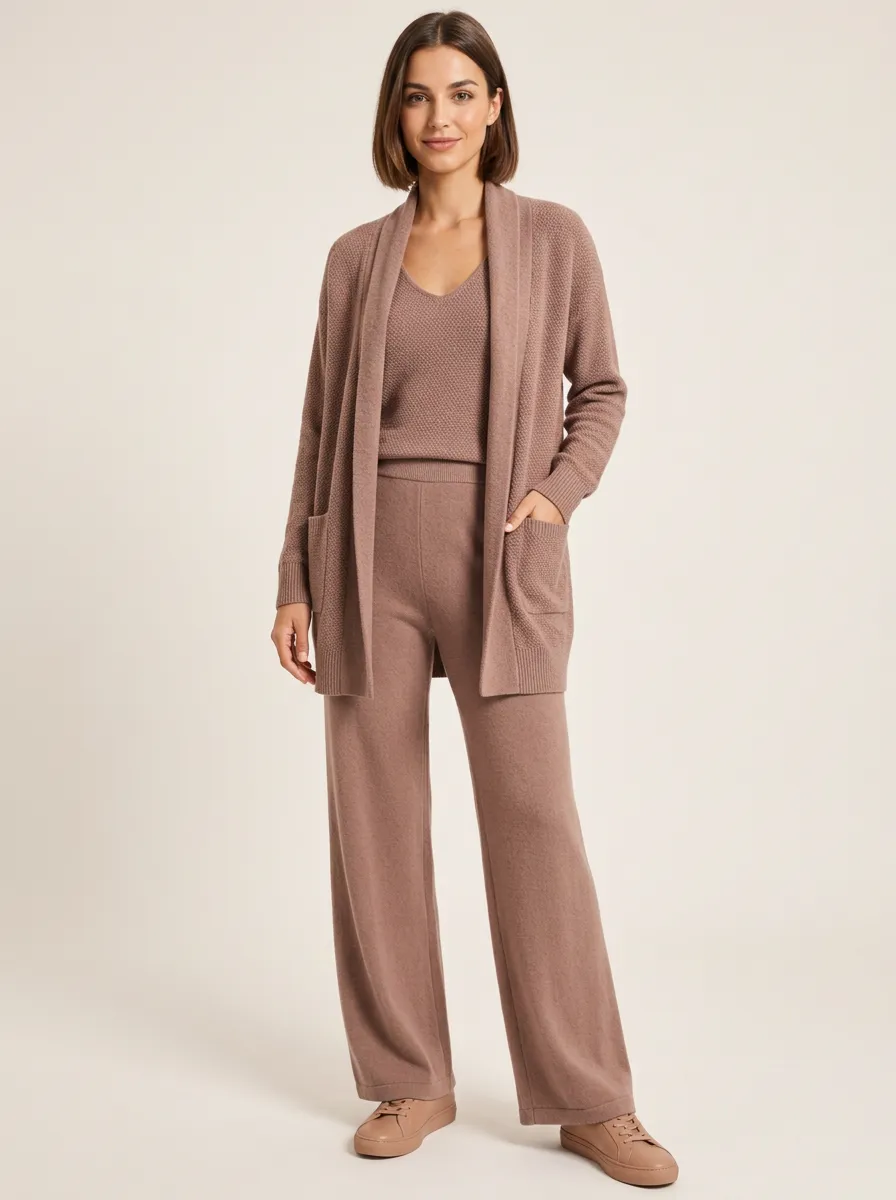 Women's Knit Cardigan and Tank with Brown Matching Pants Set