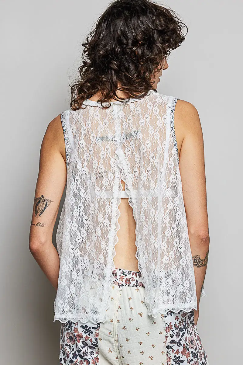 Woven Lace Back Round Neck Sleeveless Top
