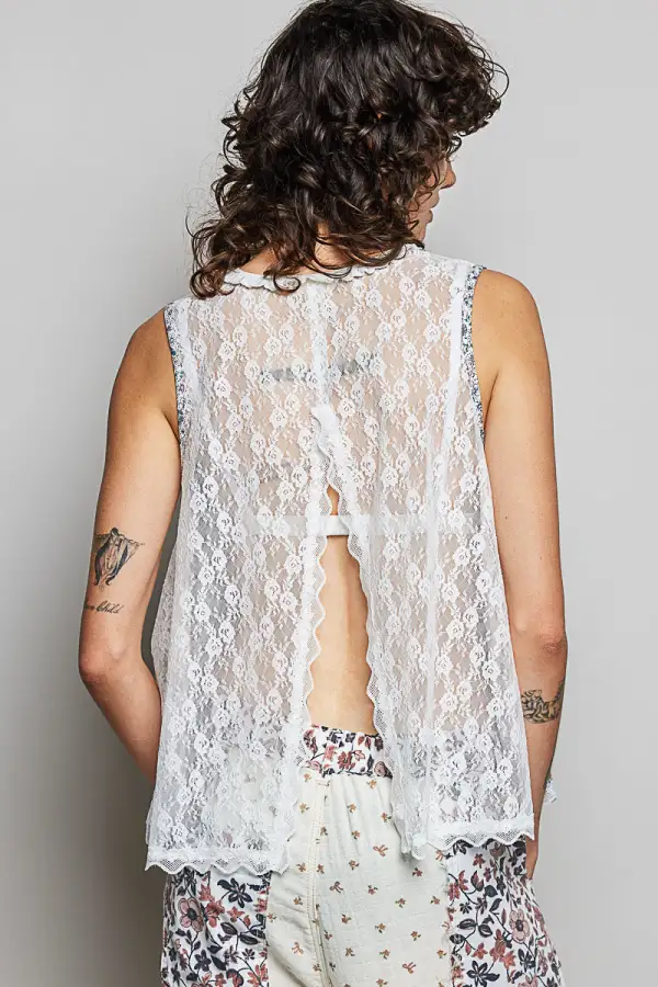 Woven Lace Back Round Neck Sleeveless Top