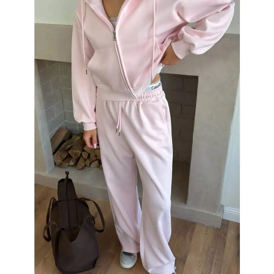 Zip Up Drawstring Hoodie and Pants Set