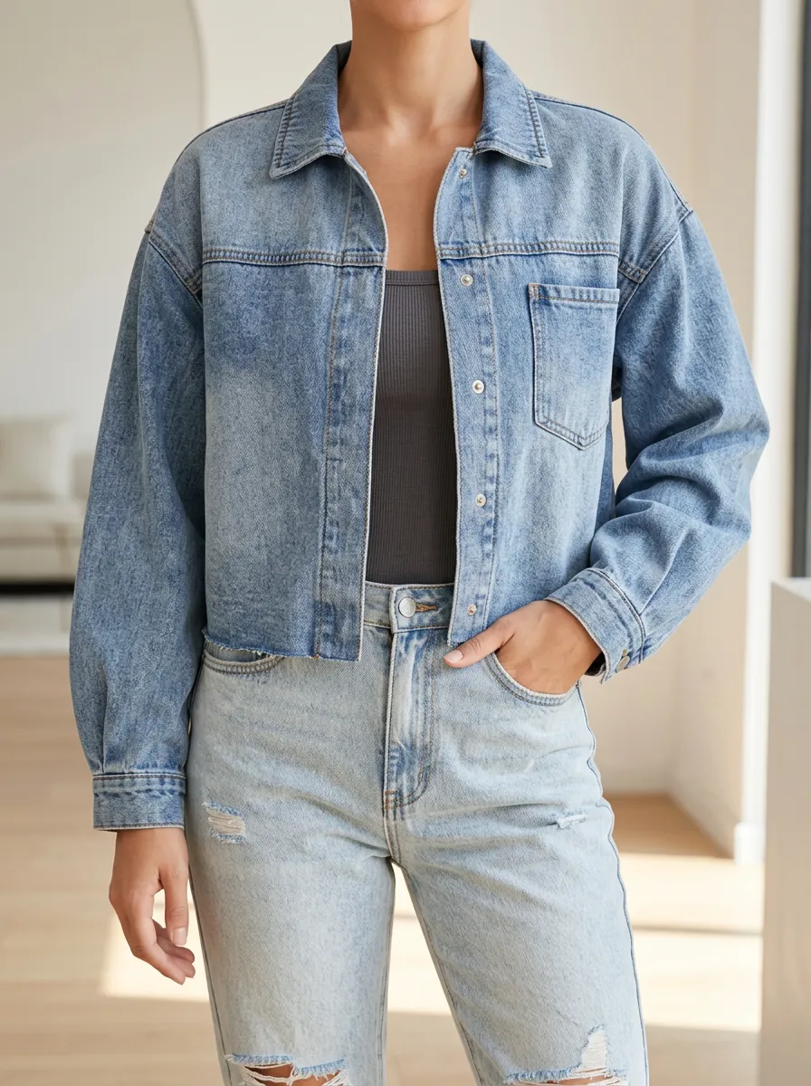 Women's Denim Layering Jacket with Cropped Detail