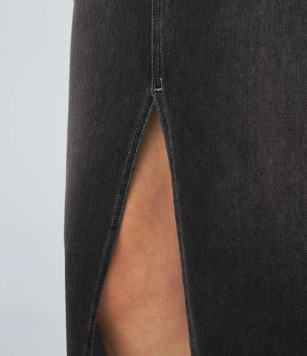 Magic High Waisted Multiple Pockets Bodycon Split Washed Stretchy Knit Denim Casual Midi Skirt