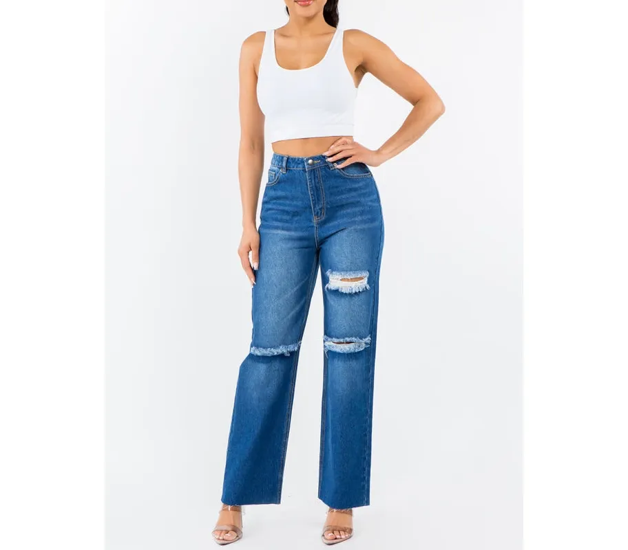 High-Waist Distressed Wide Leg Jeans