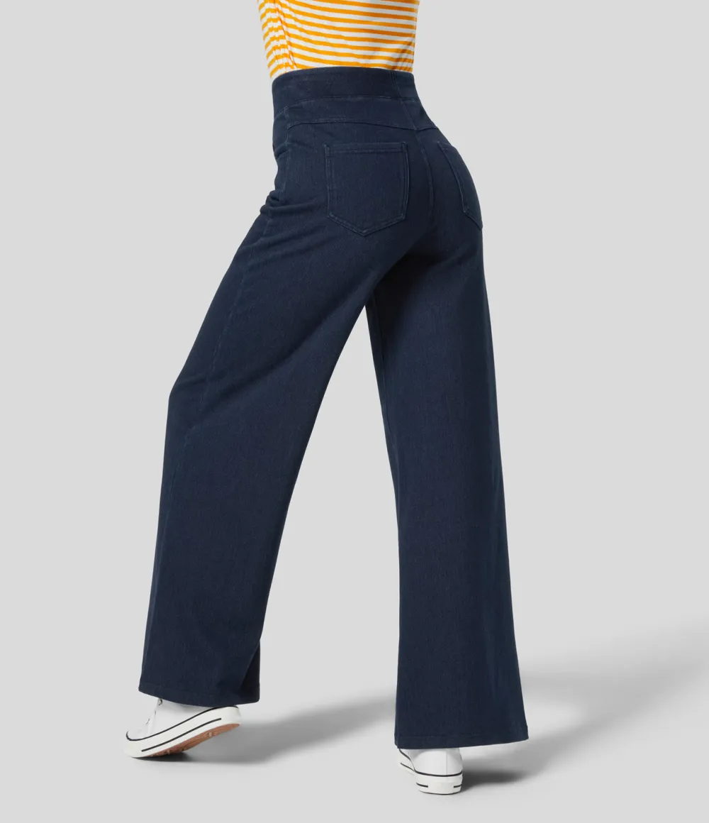 Magic High Waisted Multiple Pockets Wide Leg Stretchy Knit Casual Thermal Jeans