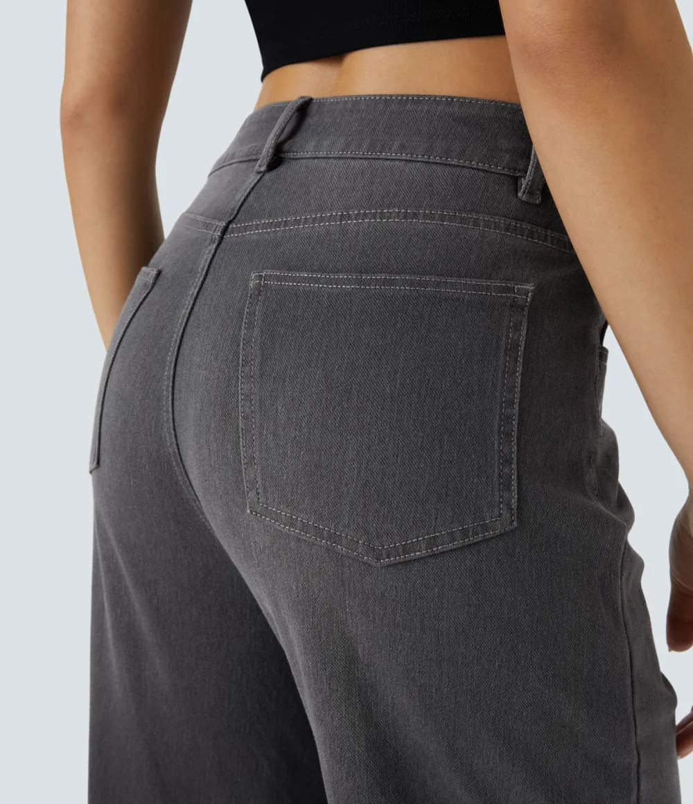 Magic High Waisted Multiple Pockets Rolled Hem Wide Leg Washed Stretchy Knit Casual Jeans