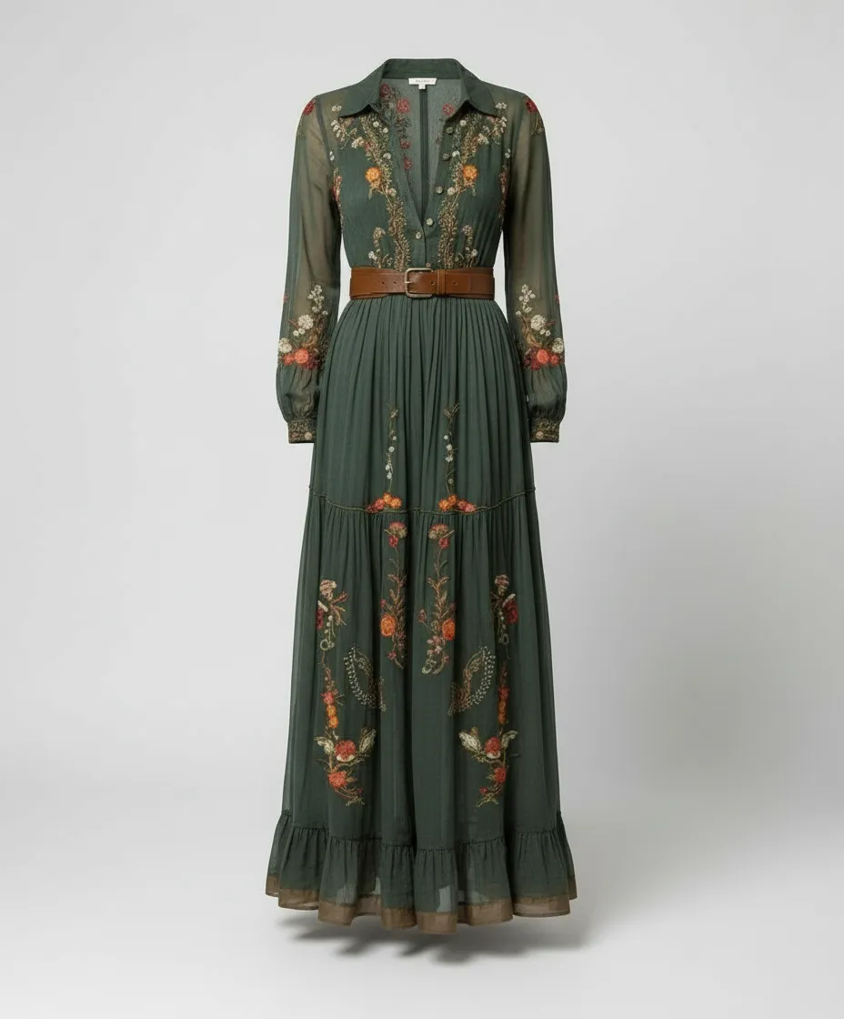 Women's V-Neck Long-Sleeve Boho Maxi Dress