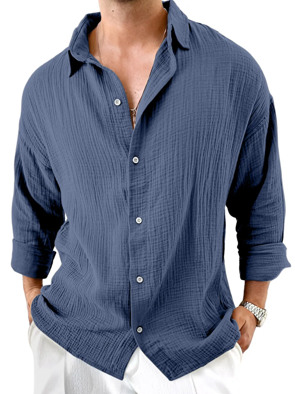 Roomy Long Sleeve Camp Collar Pleated Front Shirt