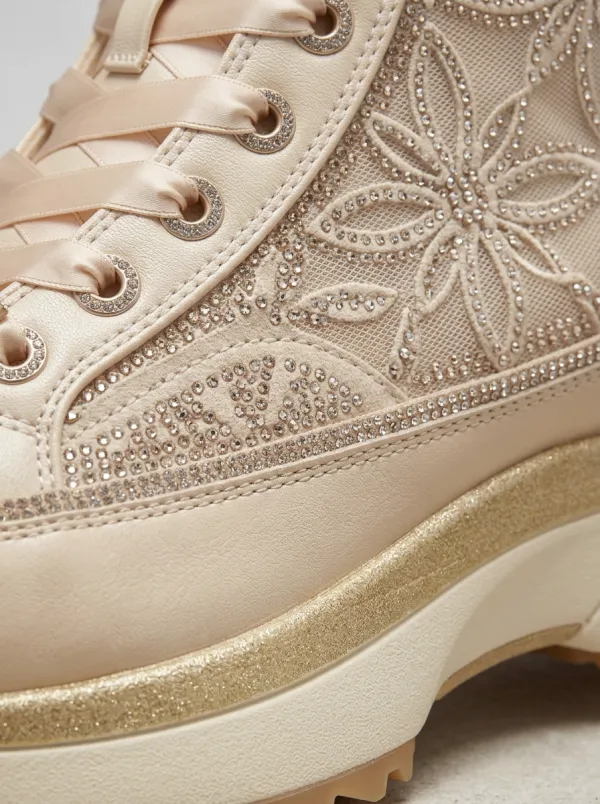 Floral Lace-Detail Embroidered Mesh Women's Rhinestone Platform Shoes