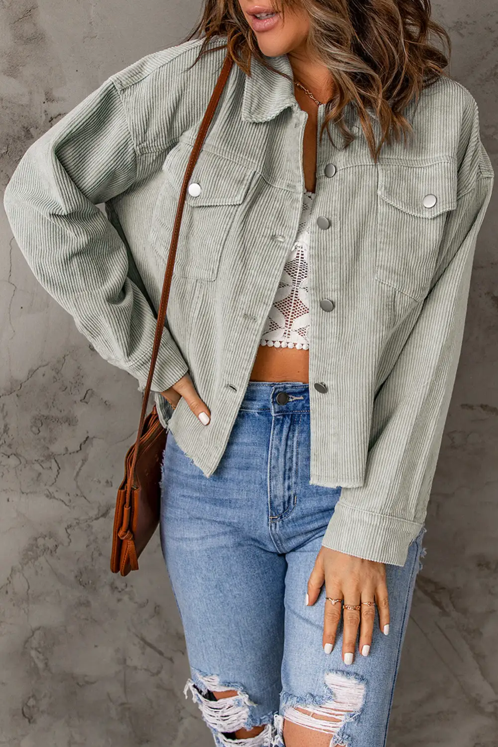 Women's Raw Hem Flap Pockets Cropped Corduroy Jacket