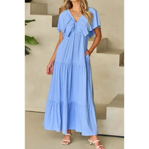 Ruffled V Neck Flutter Sleeve Maxi Dress