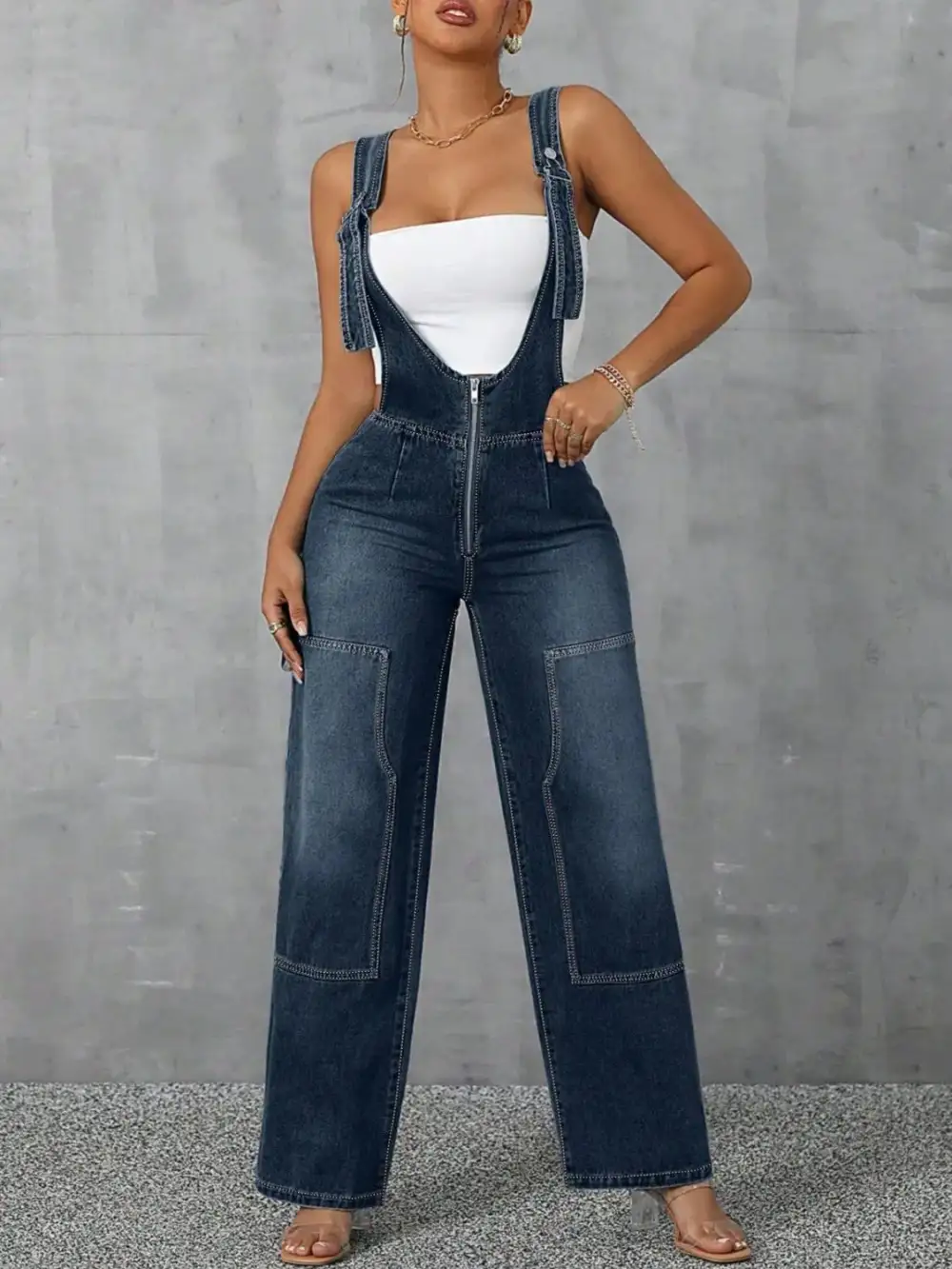 Zip Front Wide Strap Denim Overall Accessory