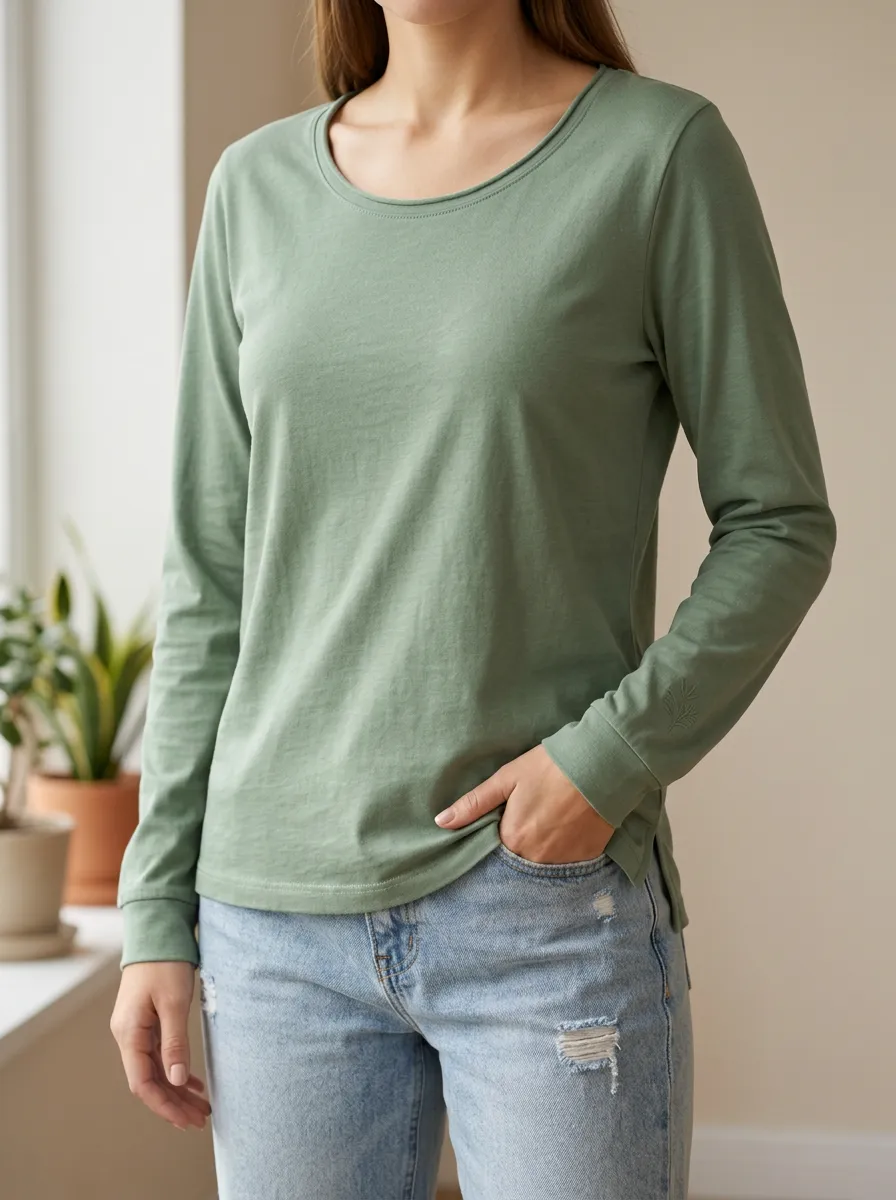 Modern Casual Embroidered Detail Ribbed Texture Women's Long Sleeve Tee