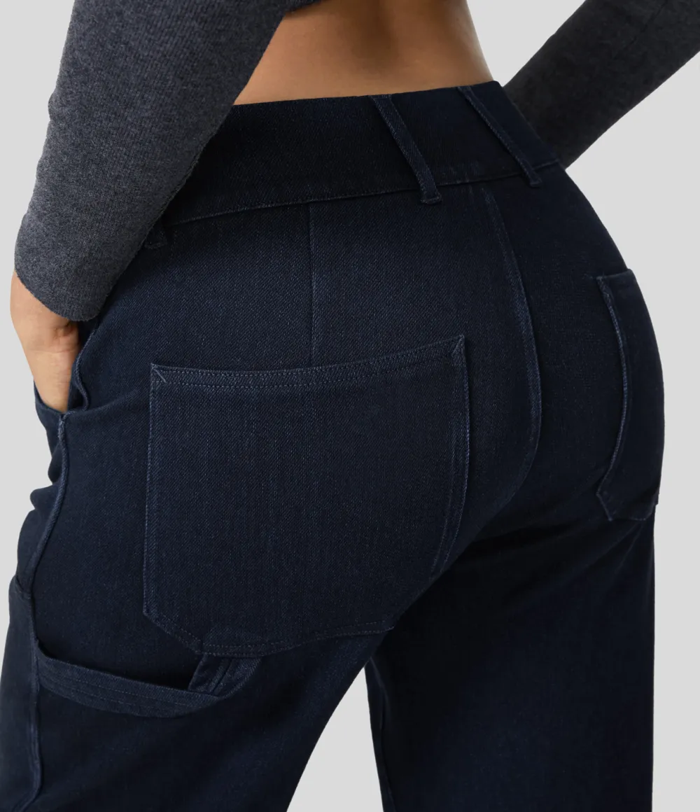 Magic Mid Rise Utility Pockets Straight Leg Stretchy Knit Lumberjack Style Casual Boyfriend Jeans
