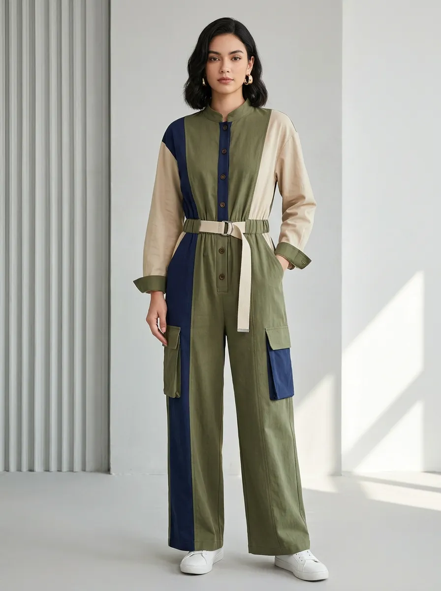 Women's Casual Utility Colorblock Cargo Belted Jumpsuit