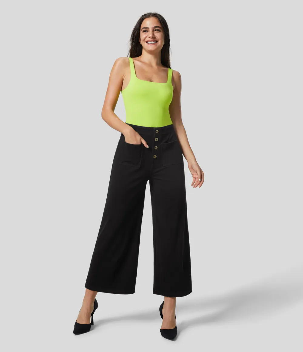 Magic High Waisted Button Pockets Washed Stretchy Knit Casual Wide Leg Jeans