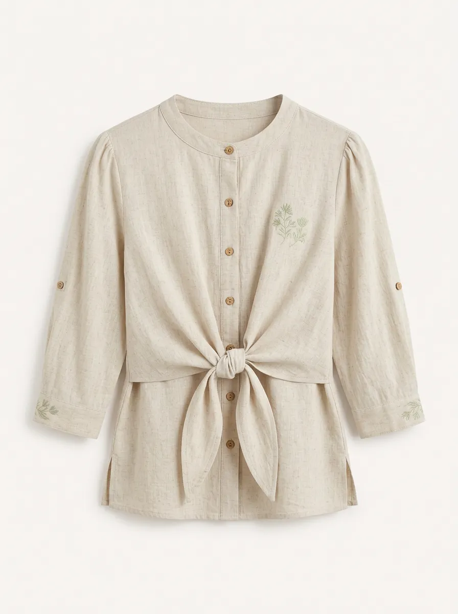 Women's Botanical Floral Embroidered Tie-Front Linen Blend Top