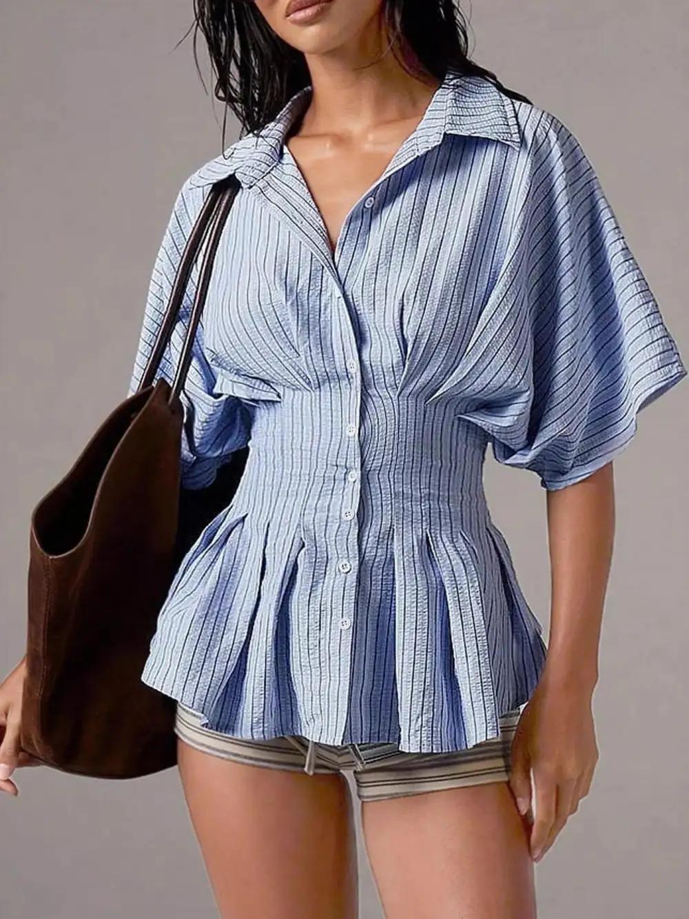 Cinched-Waist Striped Buttoned Shirt