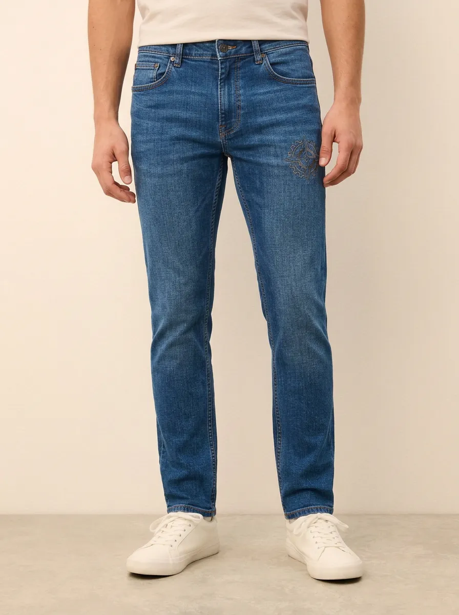 Men's Mid-Blue Compass Graphic Stretch Jeans