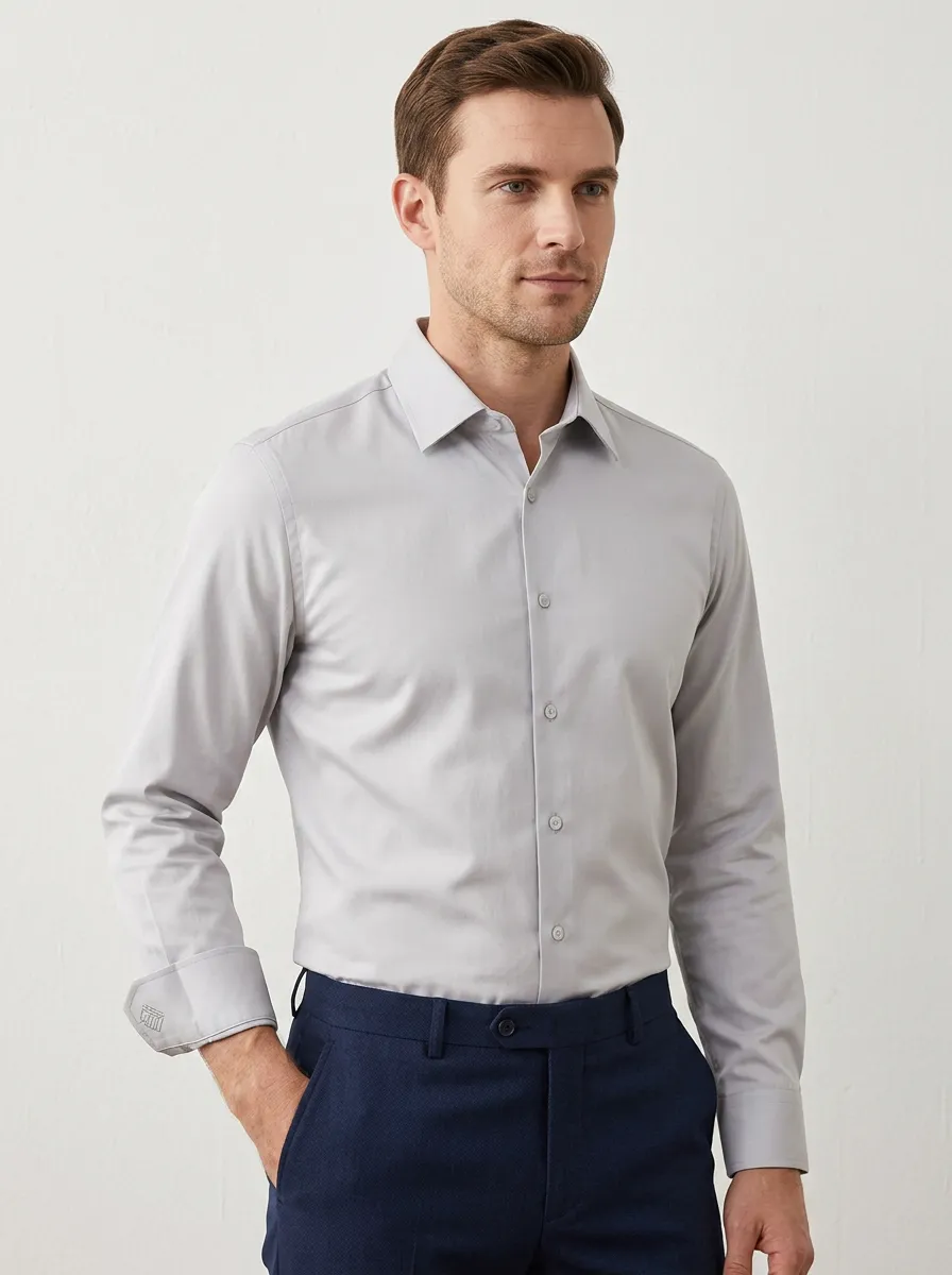 Men's Non-Iron Cotton Solid Grey Long Sleeve Shirt