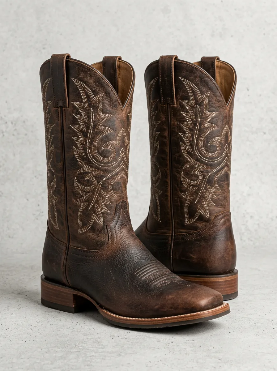 Men's Western Square-Toe Pull-On Embroidered Distressed Construction Boots