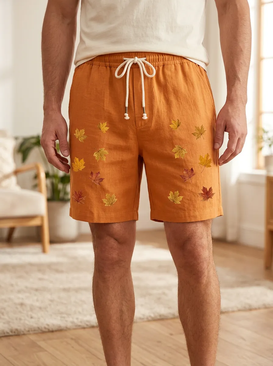 Amber Leaf-embroidered Drawstring Shorts