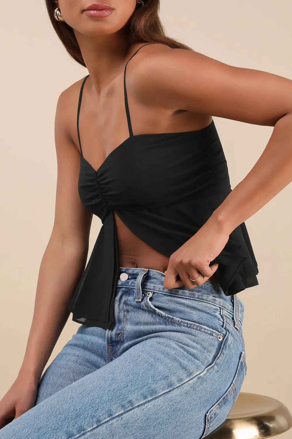 Casual Style Black Tiered Cami Crop Top