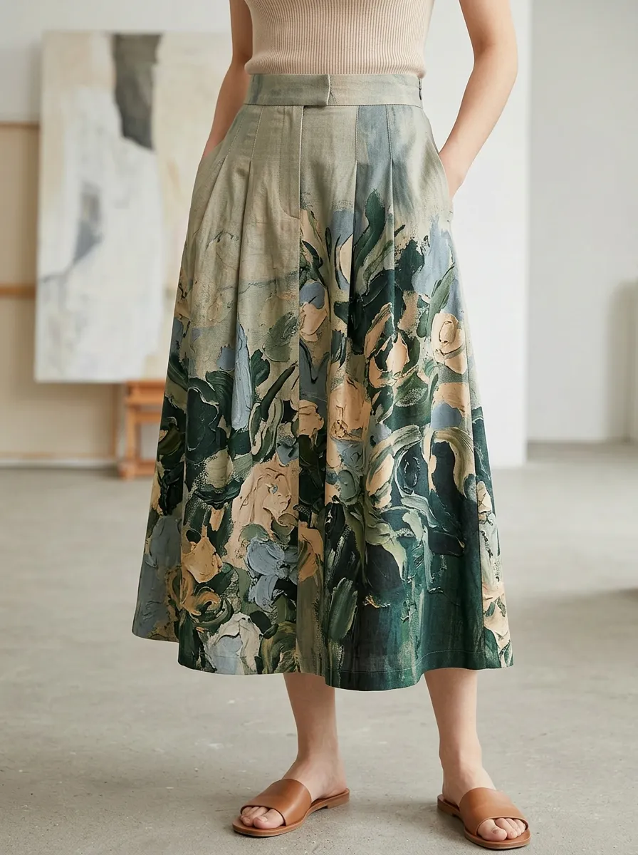 Women's Abstract Print Pleated Midi Skirt