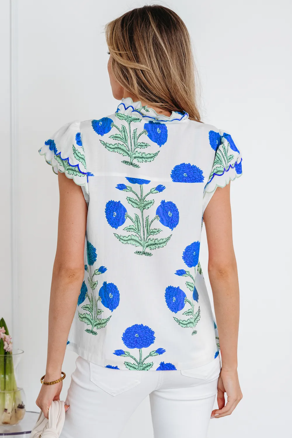 Blue Wild Flower Print Contrast Blouse