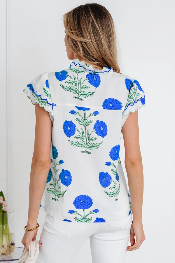 Blue Wild Flower Print Contrast Blouse