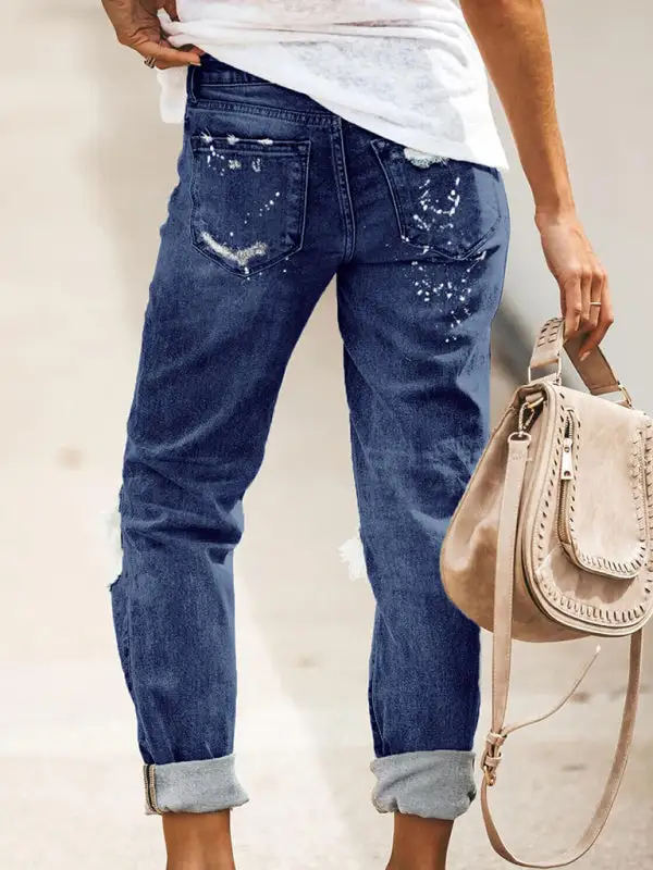 Relaxed Ripped Washed Pocketed Straight Leg Jeans