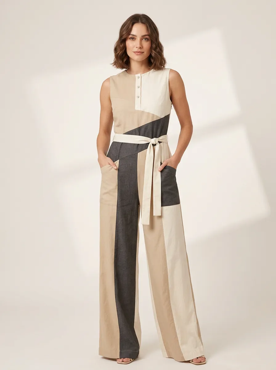 Women's Casual Minimalist Colorblock Patchwork Sleeveless Jumpsuit