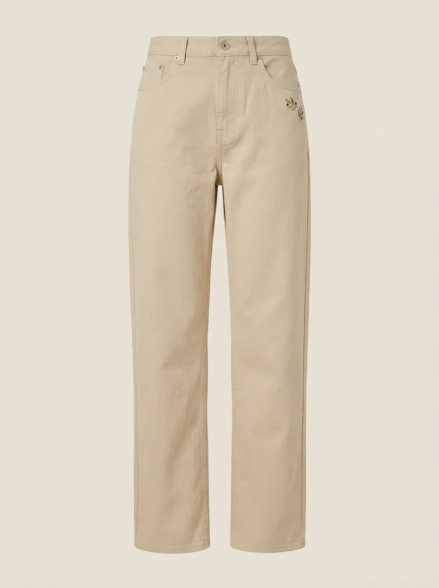 Women's Minimalist Olive Branch Embroidered Mid-Rise Straight Leg Pants