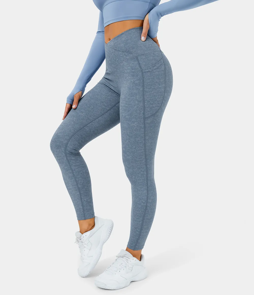 Crossover Side Pocket Stretchy Denim Print Yoga Leggings